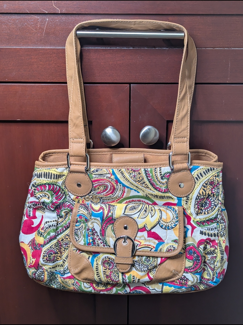 Paisley Canvas Shoulder Bag with Tan Trim